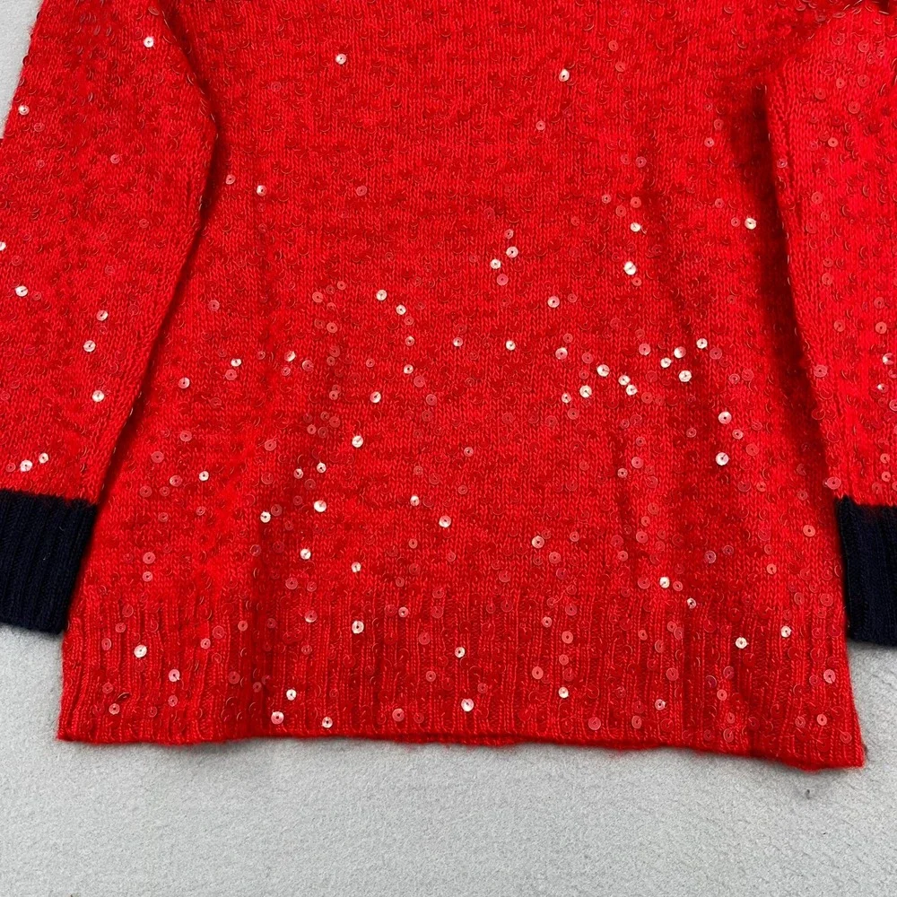 J. Crew Womens‎ Red Sequin Wool Mohair Blend Sweater Navy Trim Small